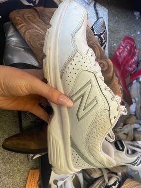 New Balance White Leather Sneaker with Silver Logo Accent
